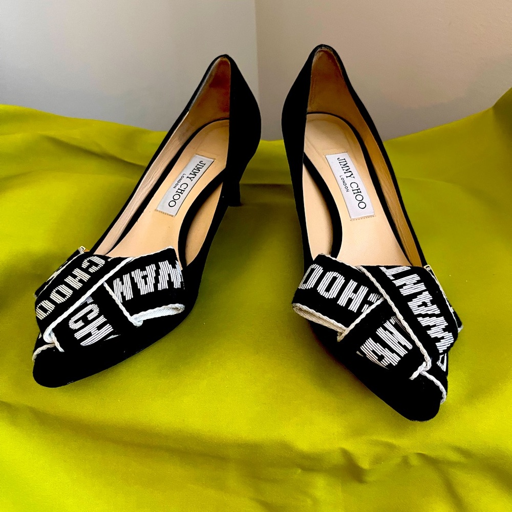 Jimmy Choo black suede low heels with ribbon. Size 38.5 / 8.5